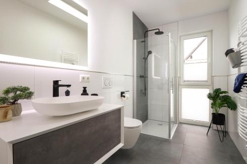 ein weißes Bad mit einem Waschbecken und einer Dusche in der Unterkunft Appartementhaus kleines Glück &MeineCardPLUS in Willingen