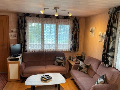 - un salon avec deux canapés et une télévision dans l'établissement Chalet Margrith by Interhome, à Oberwilen