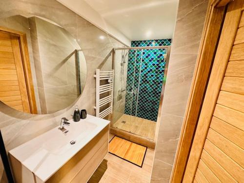 une salle de bain avec un lavabo et une douche dans l'établissement Les Appartements de Nana 4 - Studio hypercentre, Rue Meynadier, Palais & Plage, clim, wifi, à Cannes