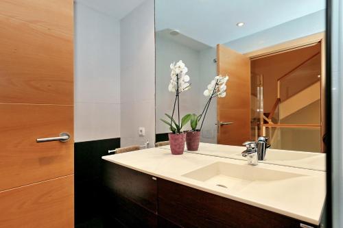 een badkamer met een wastafel en een spiegel bij An excellent double room close to the UDG University in Girona