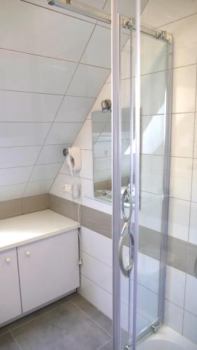 a shower with a glass door in a bathroom at Szewczenki 3 in Olsztyn