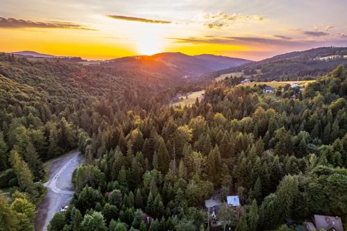 an aerial view of a forest at sunset at Domki Brenna Leśnica chatka ze spa in Brenna
