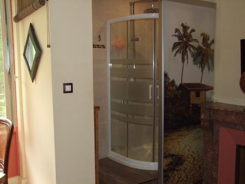 eine Dusche in einem Zimmer mit Glastür in der Unterkunft Au Bois de la Grave in Luzech
