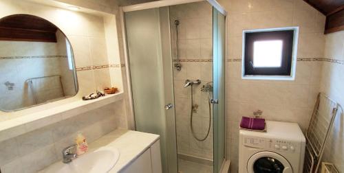 a bathroom with a shower and a washing machine at Chata Lucie in Roudnice nad Labem