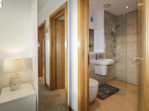 a bathroom with a toilet and a sink and a shower at 12 Beachdown in Kingsbridge