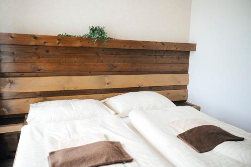 two beds in a bedroom with a wooden headboard at Nestville Apartments in Hniezdne