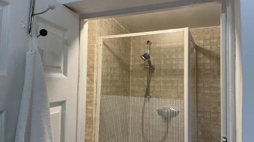 e bagno con doccia e soffione. di Lovely flat near train station and central london a Londra