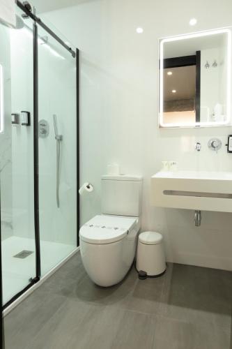 a bathroom with a toilet and a sink and a shower at Hotel La Milagrosa in Alicante