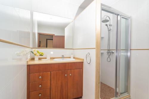 een badkamer met een wastafel en een douche bij Villa Placeta in Sa Pobla