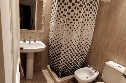 ein Bad mit einem Waschbecken, einem WC und einer Dusche in der Unterkunft Departamento con estilo en Barrio Bombal in Godoy Cruz