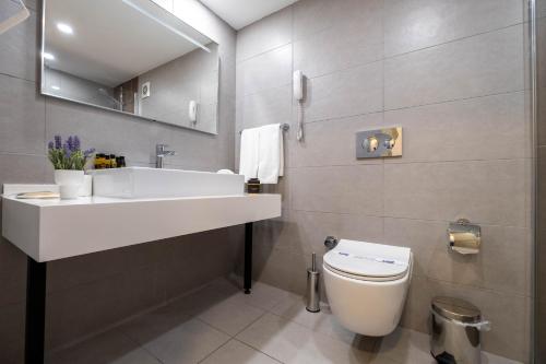 a bathroom with a sink and a toilet and a mirror at Berr Hotel in Istanbul