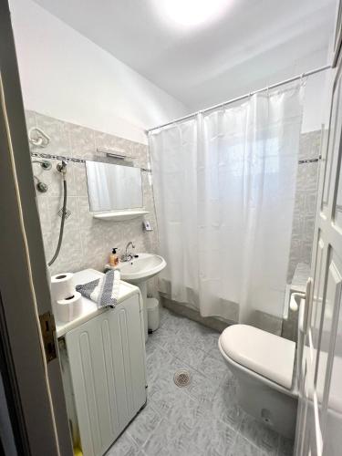 a bathroom with a toilet and a sink and a shower at Atrium Apartment #1 in Karpathos
