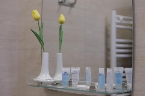 a shelf with two yellow flowers and vases on it at OXYGEN Shekvetili in Shekvetili