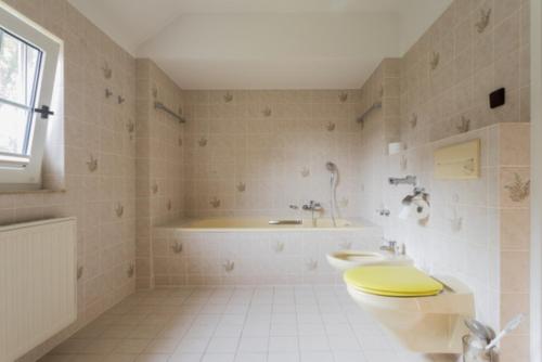 W łazience znajduje się toaleta, wanna i umywalka. w obiekcie HarzHaus Hahnenklee w mieście Hahnenklee-Bockswiese