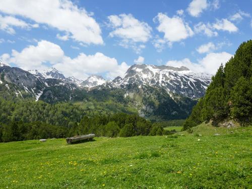 a bench in a field with mountains in the background at Holiday Home Ca' Virc by Interhome in Olivone