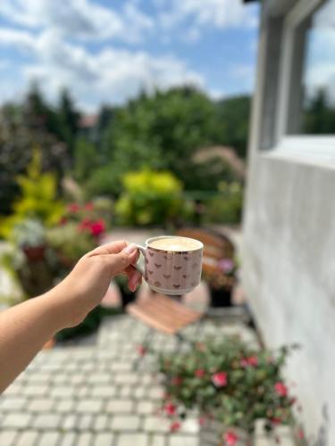 a person holding a cup of coffee on a patio at Mr. Sowa Sokolec in Ludwikowice Kłodzkie