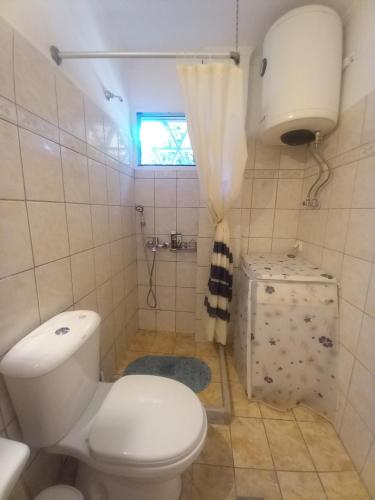 La salle de bains est pourvue de toilettes, d'un lavabo et d'une fenêtre. dans l'établissement Angela's Cute Apartment (A/C, WiFi, Little Garden), à Análipsis