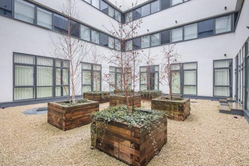 um grupo de árvores em barris em frente a um edifício em Elegant apartment em Milton Keynes