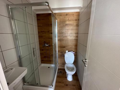 a bathroom with a toilet and a glass shower at Royal King in Vrnjačka Banja