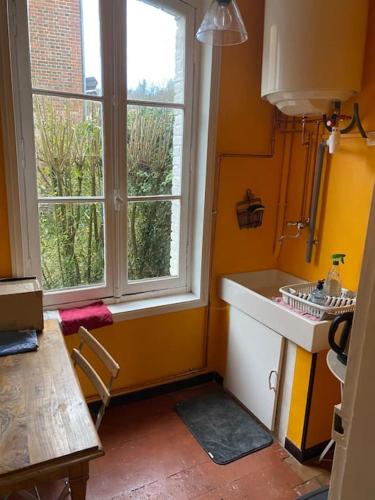 une cuisine avec un évier et une fenêtre dans l'établissement Maison individuelle dans un parc, à Pontchardon