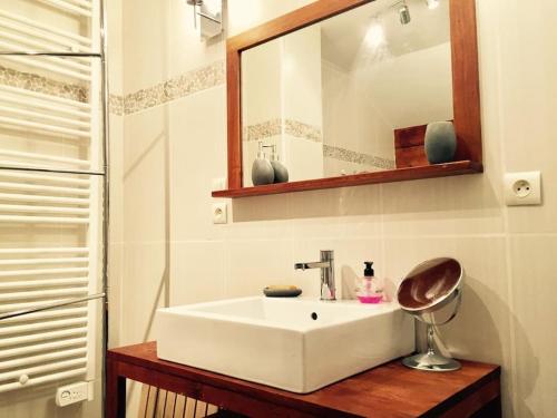 a bathroom with a white sink and a mirror at Grande maison confortable à Bagnères in Bagnères-de-Bigorre