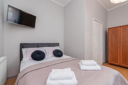 斯特迦納的住宿－Pokoje - Stegna Nadmorski Klimat，一间卧室配有带两个枕头的床和电视