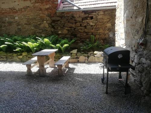 a grill and a picnic table and a bbq at Vincentův dvůr in Paračov