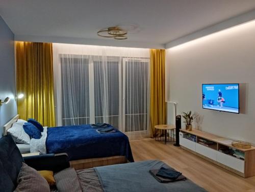 a living room with a blue bed and a tv at Apartament Centrum Białystok in Białystok