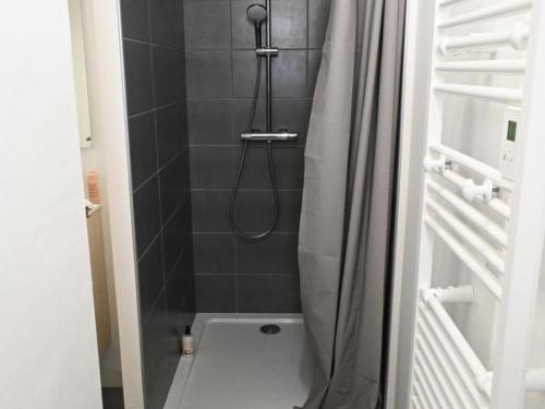 La salle de bains est pourvue d'une douche avec rideau de douche. dans l'établissement Gîte Villeneuve-sur-Allier, 3 pièces, 4 personnes - FR-1-489-372, à Villeneuve-sur-Allier