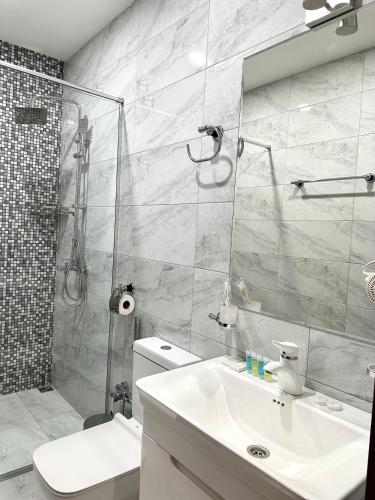 a bathroom with a shower and a sink and a toilet at Luxmani Hotel & Spa in Tbilisi City