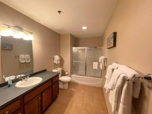 a bathroom with a shower and a sink and a toilet at Condo with Lake & Cedar Point Views From Balcony. in Sandusky