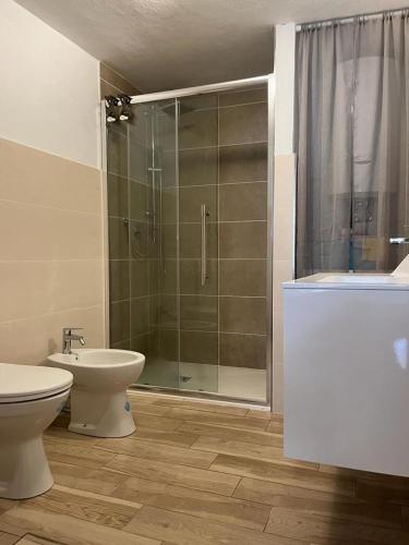 y baño con ducha, aseo y lavamanos. en Domus Petra Porto Rotondo, en Porto Rotondo