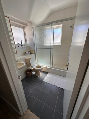y baño con aseo y ducha acristalada. en Spectacular views Simonstown en Ciudad del Cabo