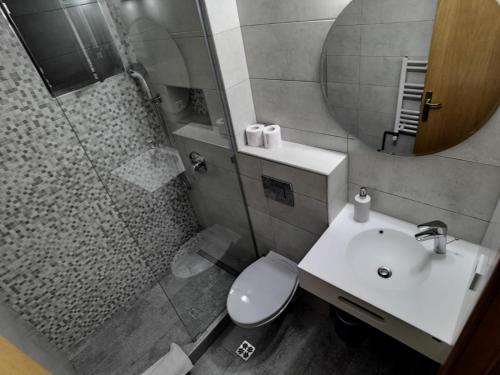 a bathroom with a toilet and a sink and a shower at Craita in Căpăţîneni-Ungureni