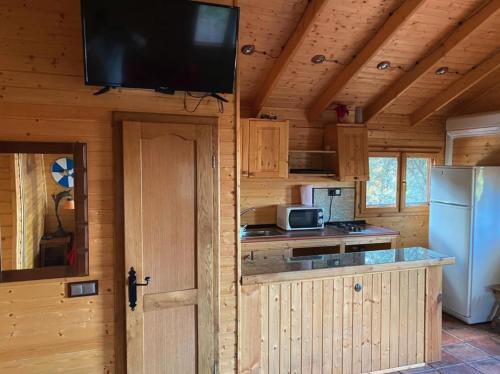 a kitchen in a log cabin with a tv on the wall at ECOLODGE CABAÑEROS 