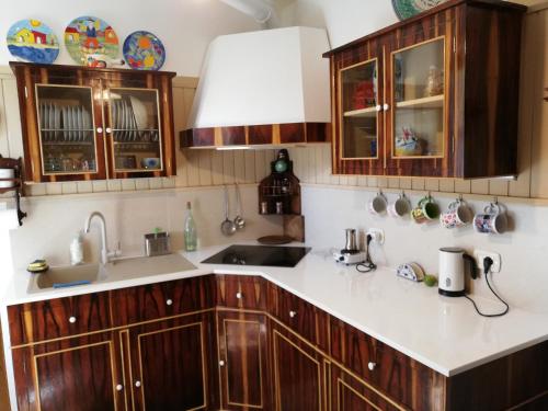 a kitchen with wooden cabinets and a sink at Luciano e Concetta in Ragusa