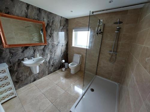 y baño con ducha, aseo y lavamanos. en Ocean View, en Newry