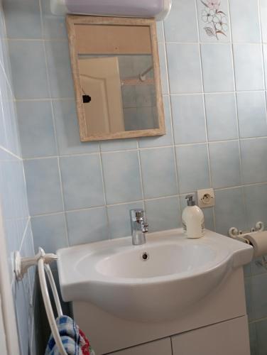 La salle de bains est pourvue d'un lavabo blanc et d'un miroir. dans l'établissement chambre chez l habitant Liebmann, à Saujon