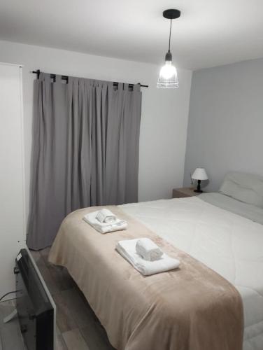 1 dormitorio con 1 cama con 2 toallas en El RANCHO en San Martín