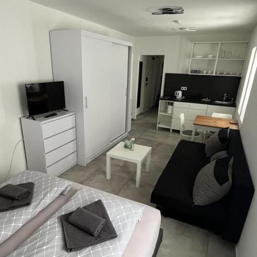 um quarto com uma cama e uma sala de estar em Apartmán Markéta em Lipno nad Vltavou