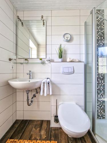 a bathroom with a sink and a toilet at Birgits Huus in Greetsiel