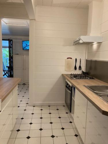 a kitchen with a stove and a counter top at Baobab et Palmiers in Étang-Salé