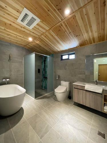 a bathroom with a tub and a toilet and a sink at 老宅拾光Lao Shih Kuang-預訂後聯繫才會保留 in Tainan