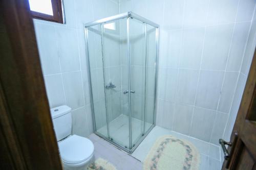 y baño con ducha de cristal y aseo. en İzol Apart Evleri Adrasan, en Kumluca