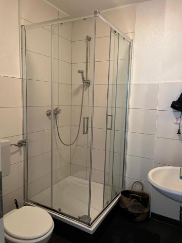 a bathroom with a shower with a toilet and a sink at Deich Quartier 9.3 in Dorum Neufeld