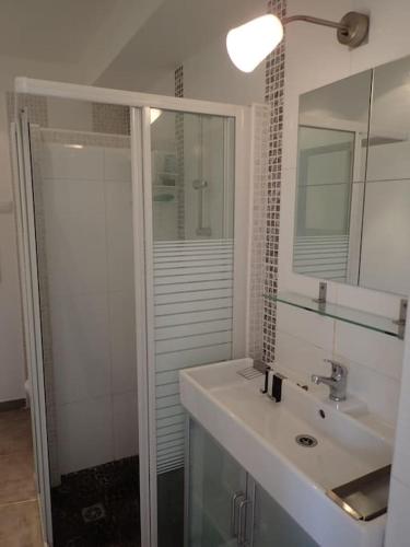 une salle de bain blanche avec un lavabo et une douche dans l'établissement Chez Pascal grand T2 de 55m2 indépendant dans villa, à Sausset-les-Pins