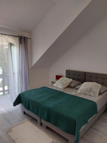 米科瓦伊基Pokoje i apartamenty MatDar的卧室里有一张大床，上面铺着绿色毯子