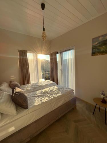 a bedroom with a large bed and a window at Grey apartments in Slavske