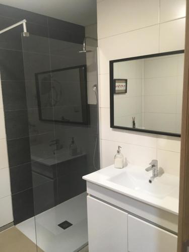 a bathroom with a sink and a shower with a mirror at Casa do Castelo I in Bragança