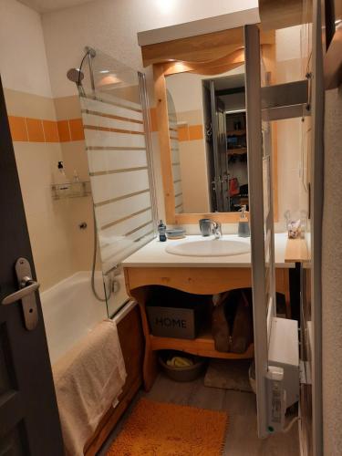 ein Badezimmer mit einem Waschbecken, einer Badewanne und einem Spiegel in der Unterkunft La Petite Foret Chamrousse 1700 in Chamrousse